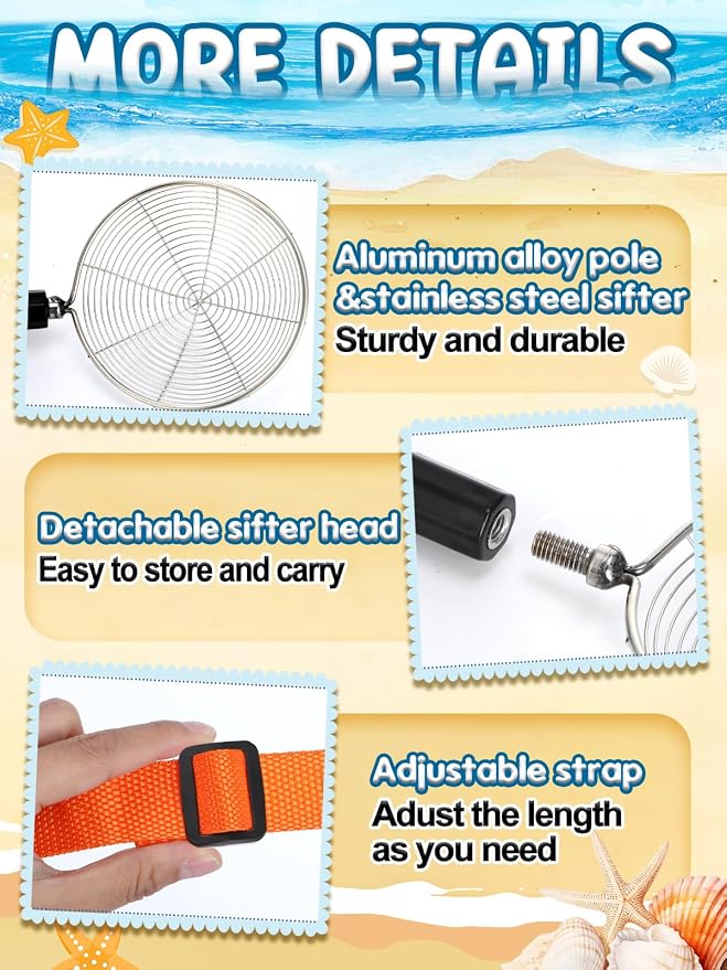 1 Pack Sand Sifter with Seashell Bag- 21.6"~33" Adjustable Shark Tooth Sifter & Sea Shell Bags for Beach Seashell Collecting, Shelling Tools Scooper with Retractable Handle, Beach Toys for Adults Kids