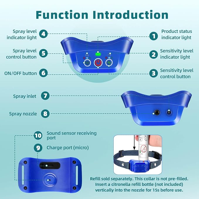 Citronella Bark Collar for Dogs, [No Spray Refill] Spray Dog Training Collar, Humane Citronella Dog Barking Collars, Safer Anti Barking Control Spray Collar for L/M/S Dogs Blue