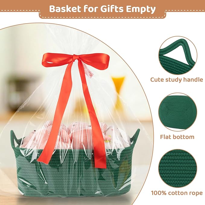 OIASKET Large Empty Gift Baskets for Baby Shower, 16.5" L x 12.6" W x 7" H Cute Woven Storage Basket with Gift Bags and Ribbons, Small Rope Toy Basket with Handles, Cat Dog Pet Toy Organizer - Green