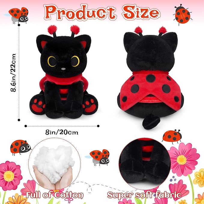 Black Cat Plush with Removable Ladybug Costume, 8inch Black Cat Stuffed Animal with Big Eyes Cute Soft Huggable Toy for Boys Girls,Toddlers Insect-Themed Room Decor Birthday Gifts