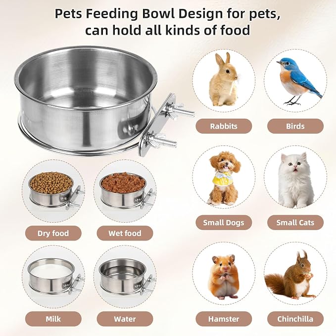 Pet Cage Bowls, 2 Pack Stainless Steel Pet Hanging Bowl, Bird Food Water Bowl for Cage, Crate Dog Bowl, Parrot Feeding Cups for Chinchilla Finches Puppy Cat Rabbit Guinea Pig