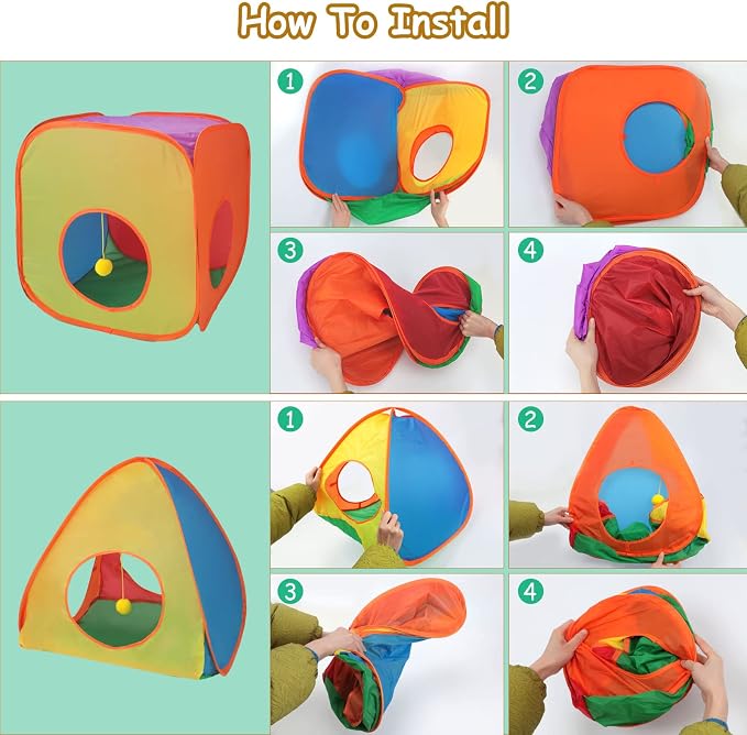 YUEPET Rabbit Tunnel and Cube Collapsible Tent Bunny Interactive Crinkle Tunnel Toys Small Animal Hideout with Play Ball for Dwarf Rabbit Bunny Guinea Pig (Rainbow)