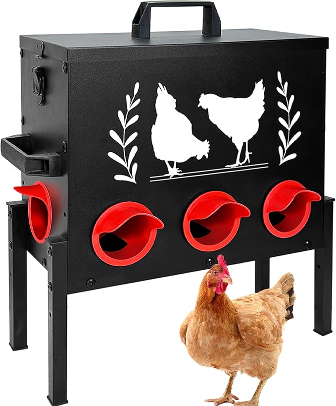 No Waste Automatic Chicken Feeder (50 LB), Rodent Resistant Metal Poultry Feeder with Locking Lid, Adjustable Stand & 8 Ports, Heavy Duty Weatherproof Feed Box for Hens, Ducks