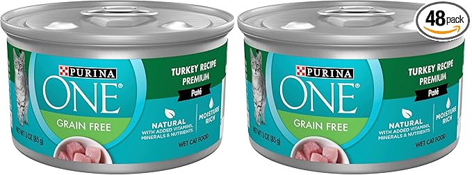 Purina ONE Natural, High Protein, Grain Free Wet Cat Food Pate, Turkey Recipe - (Pack of 48) 3 oz. Pull-Top Cans