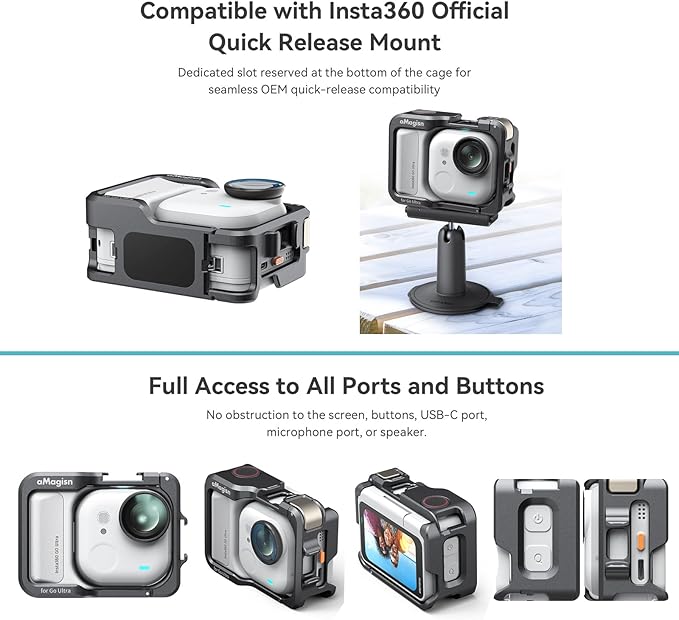 Aluminum Cage for Insta360 Go Ultra, Multifunction Protective Frame Housing Case for Insta360 Go Ultra Accessories, with Quick-Release Mount Adapter and 1/4 Cold Shoe for Light Microphone