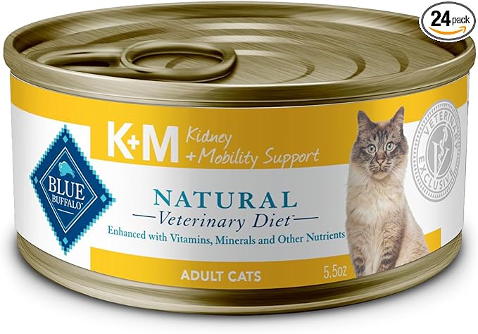 Blue Buffalo Natural Veterinary Diet K+M Kidney + Mobility Support Wet Cat Food, Chicken 5.5-oz cans (Pack of 24)