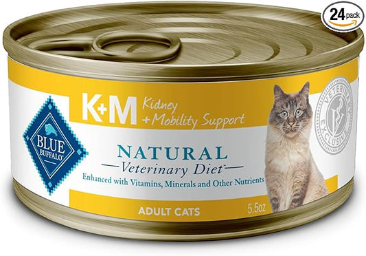 Blue Buffalo Natural Veterinary Diet K+M Kidney + Mobility Support Wet Cat Food, Chicken 5.5-oz cans (Pack of 24)