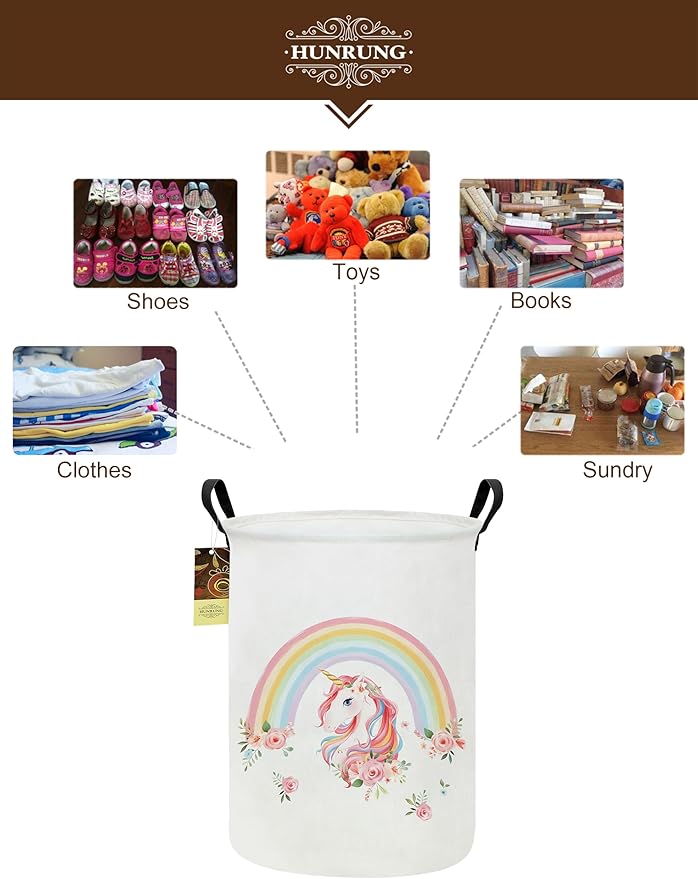 Collapsible Fabric Storage Basket, Waterproof Laundry Hamper with Handles, Round Storage Bin for Clothes Toys, Foldable Organizer for Bedroom Nursery Bathroom(Round-Rainbow Unicorn)
