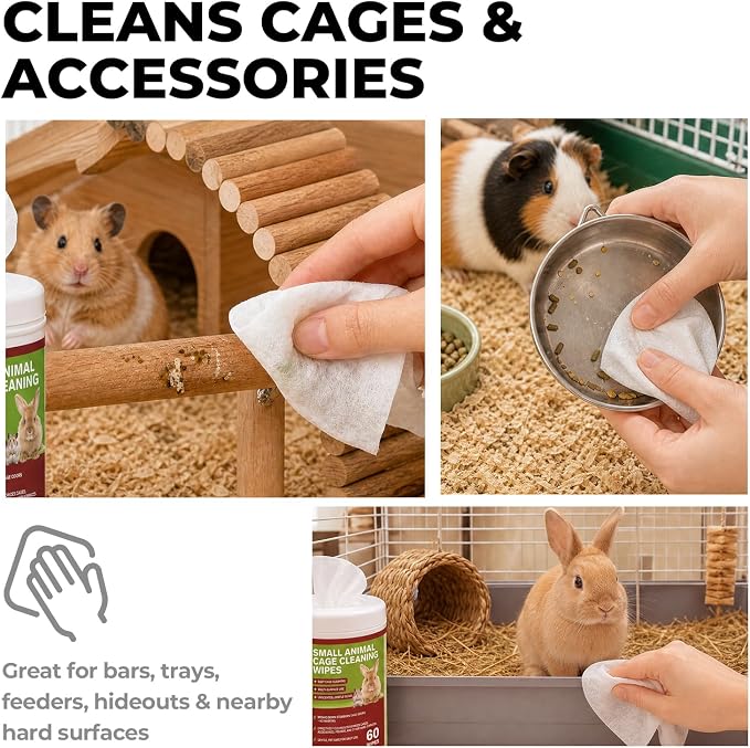 Small Animal Cage Cleaning Wipes, Unscented Cage Cleaner Wipes for Bird, Guinea Pig, Rabbit, Hamster & Bunny Habitats, Quick Spot Cleaning Suppliers for Cages, Feeders & Accessories, 2 Pack 120 Wipes