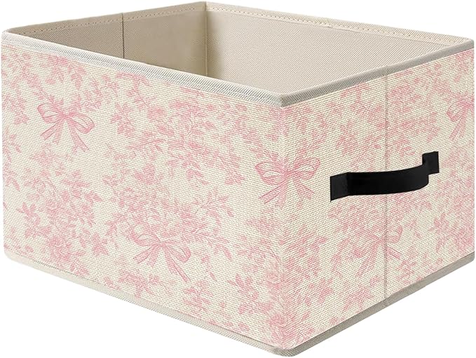 Pink Coquette Bow Floral Storage Bins, French Country Rustic Pink Flower Foldable Closet Organizers Storage Basket Toybox for Girls Room Clothes Bed Sheets Blankets Toys