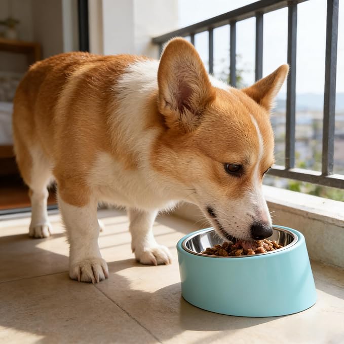 15° Slow Water Bowl for Medium Dogs (Medium, Blue), Anti-Gulping Pet Water Dish for 10-15kg Dogs, Non-Spill Raised Dog Bow