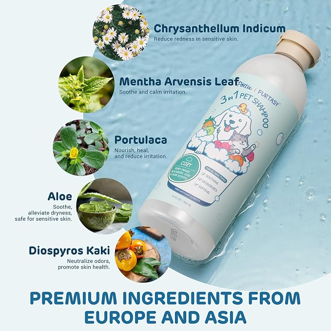 iPettie Furtasy Pet Shampoo, Cozy Scent 3-in-1 Shampoo with Aloe & Herbal Extracts, Soothing, Deodorizing, Softening, Alcohol-Free, No Synthetic Dyes, 500ml