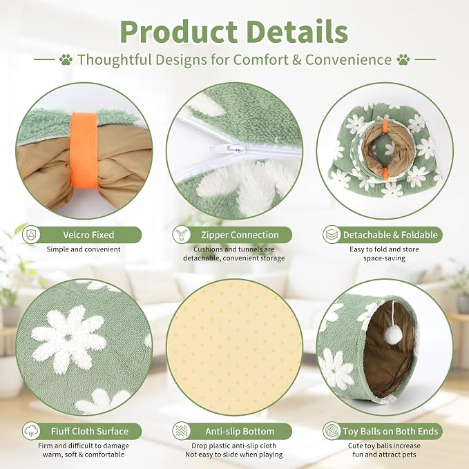 BWOGUE Bunny Tunnel Bed, 2-in-1 Collapsible Tunnel Tubes Toys with Removable Mat Hideout for Cats Kittens Rabbits Guinea Pigs Kitty (Flower Green)