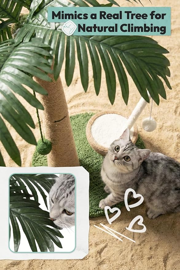 33" Tall Cat Scratching Post, Natural Jute Cat Scratcher for Indoor Cats,Coconut Tree & Straw Design with Hanging Toy Ball & Rest Platform,Stable Furniture Protector for Kittens & Adult Cats,M
