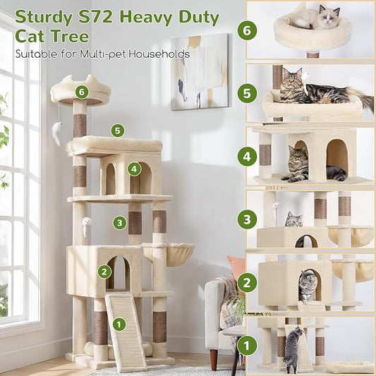 Globlazer Heavy Duty Cat Trees for Large Cats, Sturdy 72in Maine Coon Cat Tree for Large Cat 20 lbs+ Heavy Duty Cat Tower for Adult Biggest Cats with 6 Scratching Posts, Hammock, S72, Beige