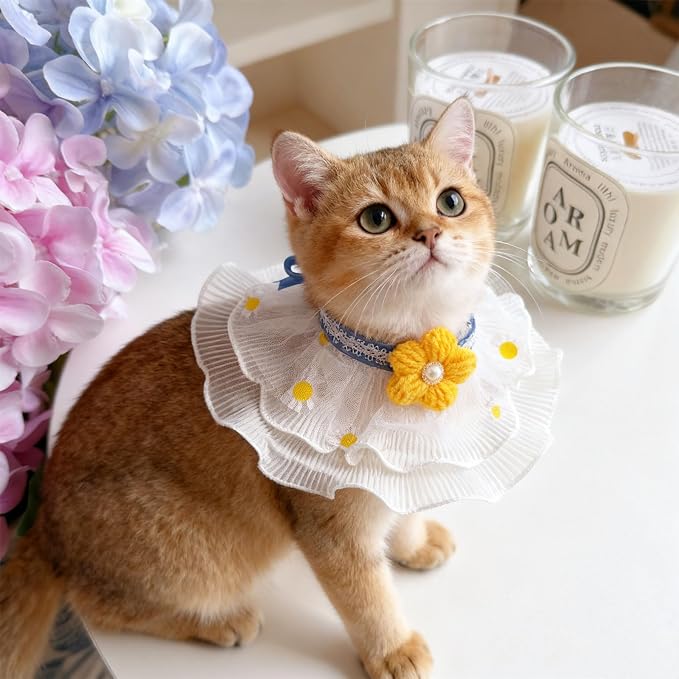 Elegant Lace Cat Collar with Cute Bow,Cat Collar with Bow Tie,Pet Lace Bib Collar with Cute Bow,Cat Princess Costumes,Yellow Daisy,1 Piece ﻿