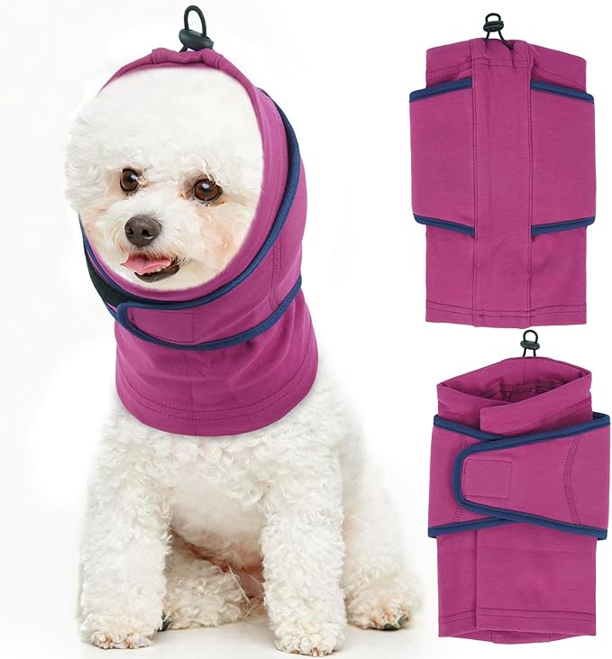 IDOMIK Dog Ear Muffs Noise Protection, Dog Calming Hoodie for Anxiety Relief, Soft Double-Layer No Shake Head Wraps, Quiet Ear Covers for Thunderstorm, Firework, Bath, Grooming & Blow Drying,Purple,M