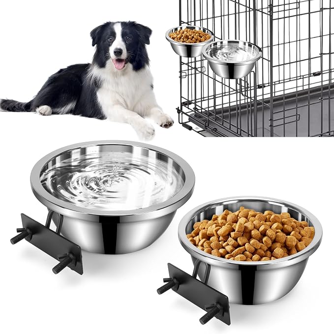Dog Crate Bowls Hanging No Spill, 2 Pack Crate Water Bowl Kennel Food Bowl | Mountable 47oz & 56oz Stainless Steel Dog Bowls Water Dispenser Set, Metal Feeder Dish Cage Accessories for Large Medium Pet
