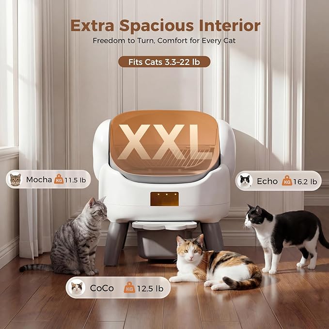 Automatic Litter Box Self Cleaning, Automatic Cat Litter Box for Multiple Cats with App Control, Open Top Self Cleaning Litter Box - Safety Protection, Easy Setup, Gray
