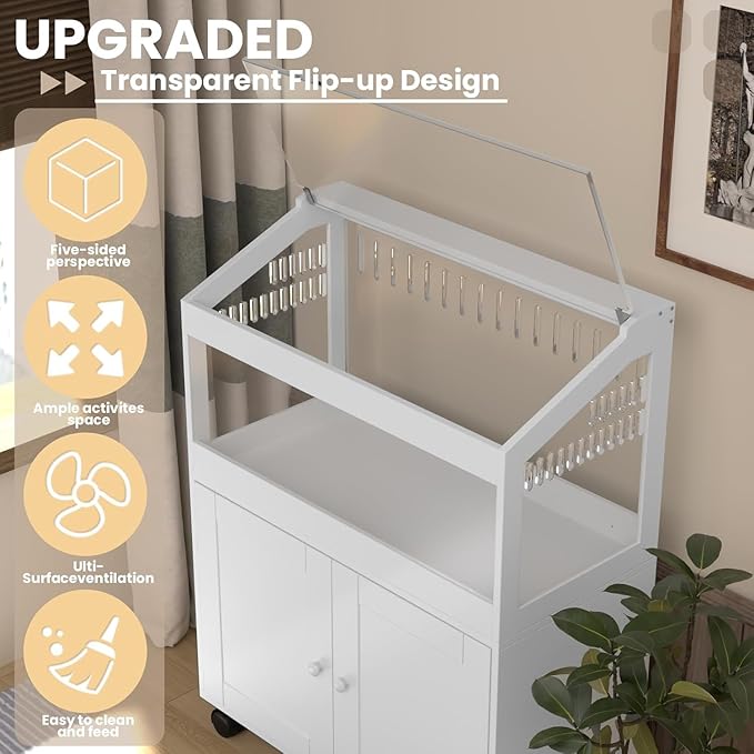 Hamster Cage with Storage Cabinet – Acrylic Panels for 360° Viewing, Ideal for Hamsters, Rabbits, Guinea Pigs, and Hedgehogs, White