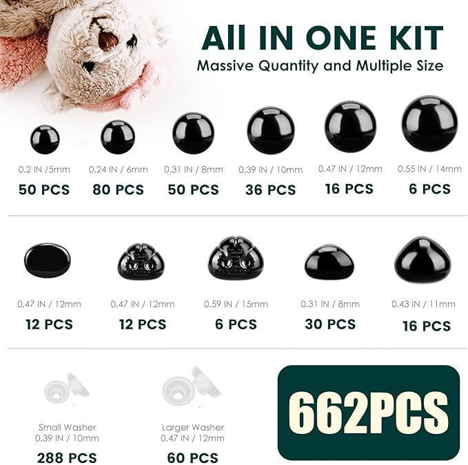 662Pcs Safety Eyes and Noses for Amigurumi, Junreox Preimum 5-14mm Safety Eyes for Crochet Stuffed Animals, Assorted Plastic Crochet Craft Eyes with Washers for Teddy Bear, Dolls, Plushies Toys, Black