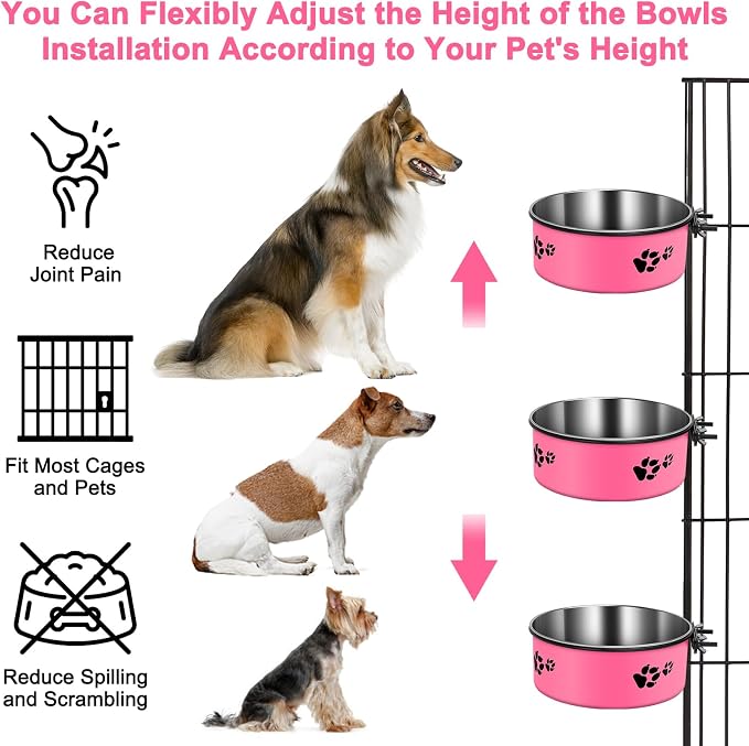 Pink Kennel Bowls Mountable Stainless Steel Crate Bowls No Spill Hanging Kennel Water Bowl with Clamp Holder 2 Sizes 7.08x2.83’’,6.3x2.63’ Hot Pink
