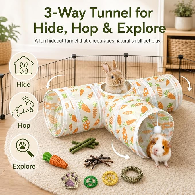 Rabbit Tunnel Toy, Collapsible 3-Way Hideout Tunnel with Chew Toys for Rabbits, Guinea Pigs, Ferrets, Kittens & Small Pets - Orange & White Carrot Design (33"x20"x9.5")