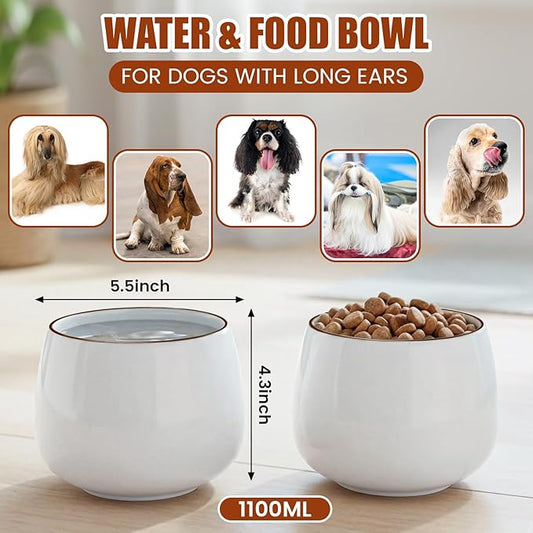 1 Pack 37 oz Ceramic Dog Bowl for Large Dogs with Long Ears No Spill Water & Food Pet Bowl Cocker Spaniel Beagle Bassett (Moon White)