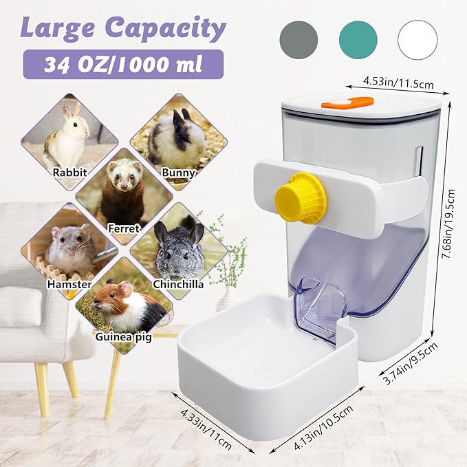 34oz Automatic Rabbit Food Dispenser for Cage Hanging Guinea Pig Feeder No Drip Bunny Food Bowl for Ferret Rat Hamster Chinchilla and Other Small Animals (White)