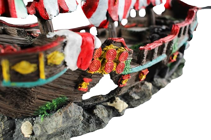 Penn-Plax Deco-Replicas Striped Sail Shipwreck - Realistic Aquarium Shipwreck Ornaments - Durable Resin Nautical Decor for Freshwater & Saltwater Fish Tanks - 14 x 5.5 x 13 Inches, Medium Size