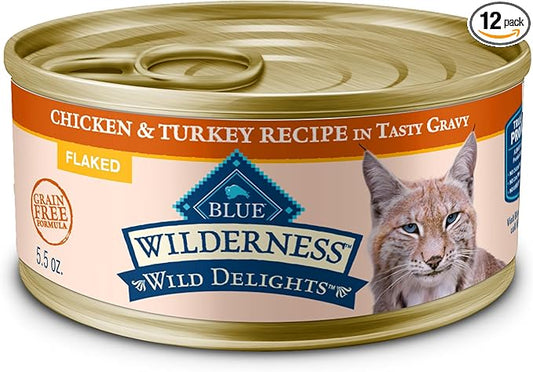 Blue Buffalo Wilderness Wild Delights Natural Wet Food for Cats, Flaked Chicken & Turkey in Tasty Gravy, 5.5-oz Cans, 24-Pack