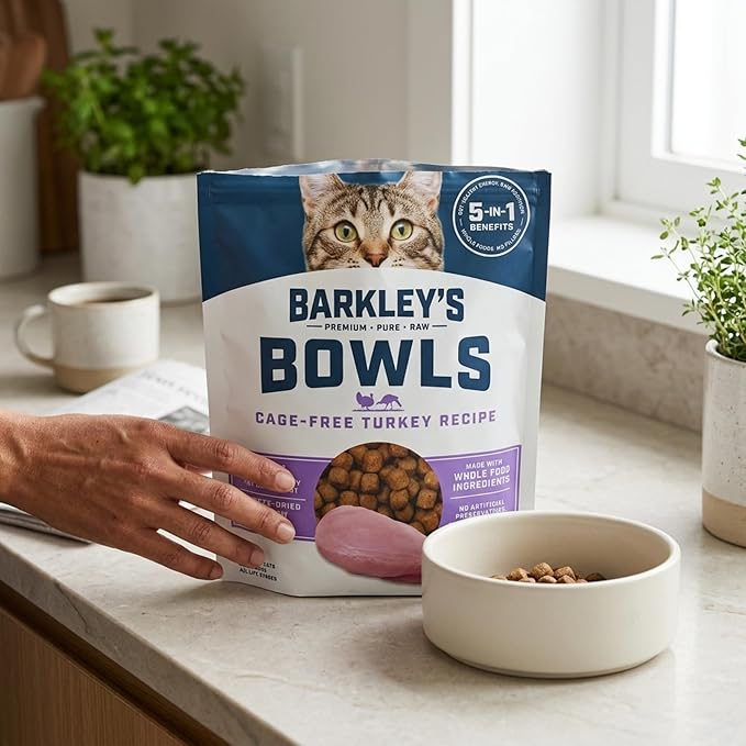 Barkley’s Bowls, Freeze-Dried Raw Turkey Cat Food, Fresh Whole Food Ingredients, Grain Free, High Protein for Balanced Feline Nutrition, Cat Treats or Topper, 8 Oz Bag