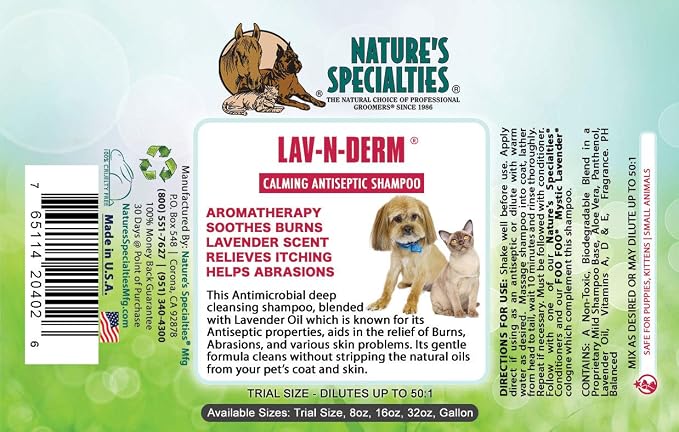 Nature's Specialties Lav-N-Derm Ultra Concentrated Calming Antiseptic Dog Shampoo for Pets, Natural Choice for Professional Groomers, Relieves Various Skin Problems, Made in USA, 16 oz