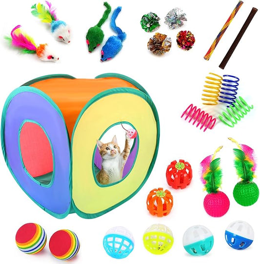 iCAGY 25 Pcs Cat Toys for Cats, Indoor Kittens - Interactive Variety Pack, Cat Cube Tunnel, Feather Golf, Mice, Springs, Balls, Noise Toys - Rainbow/Colorful
