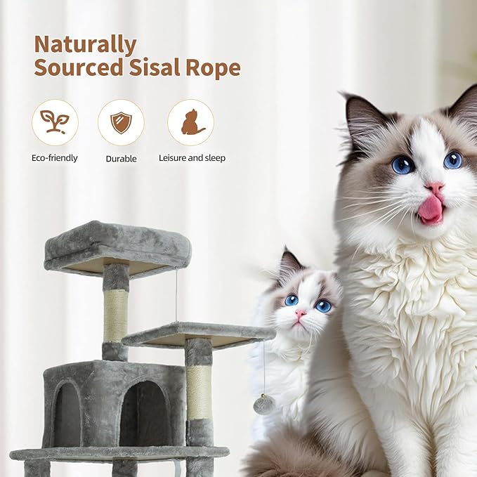 61 Inch Cat Tree with Platform & Hammock, Plush Perch Scratcher & Playhouse for Indoor Cats(Grey)