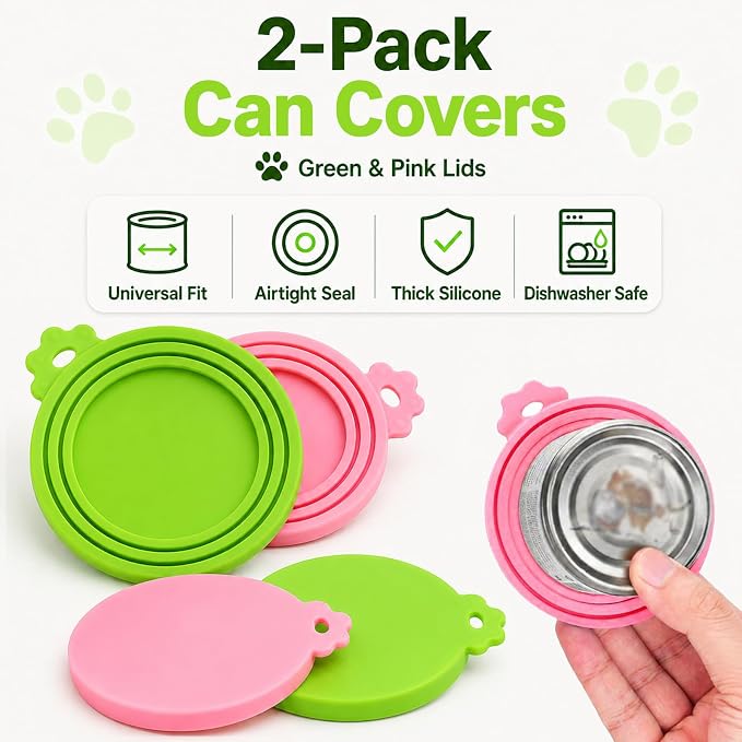 Lydia’s Deal Pet Food Can Covers 2-Pack, Universal Size – One Lid Fits 3 Pet Food Can Sizes (3oz/5.5oz/12oz), Airtight Silicone Lids, BPA-Free & Dishwasher-Safe for Dog & Cat Food Cans (Pink+Green)