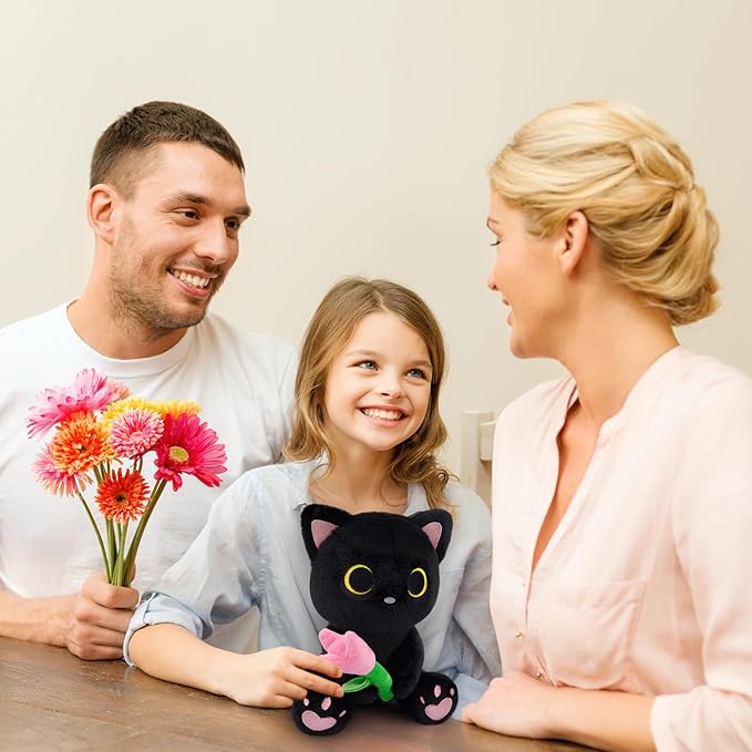 Black Cat Plush Holding Pink Tulip - 8" Kawaii Stuffed Cat with Flower, Soft Cute Plush Toy for Mom, Cute Stuffed Animals for Girls & Kitten Lovers