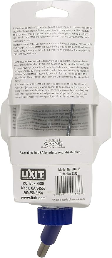 Lixit Glass Water Bottles for Small Animals and Birds (16oz), Clear (COMINHKR016337) (Pack of 2)