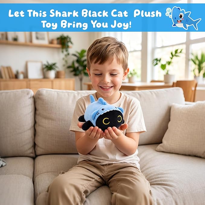 Shark Black Cat Plush,8 Inch Weighted Cat Stuffed Animal,Cute Weighted Black Cats Plush Soft Plushie Pillow Toys Gifts for Kids,Girls Boys