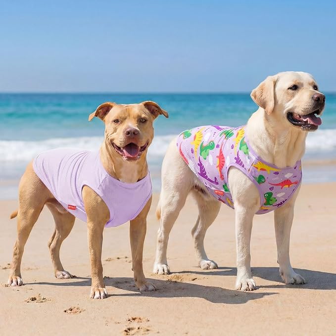 KYEESE 2Pack Dog Shirt, Lightweight Sun Protection Dog T Shirts for Large Dogs Boy Girl, Breathable Mesh Tank Top Sleeveless Pet Reflective Vest, Soft Summer Dogs Clothes, Dinosaur+Purple, 3XL