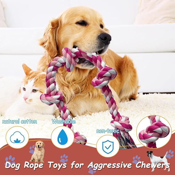 Lmlpt Dog Rope Toy for Large Aggressive Chewers, Heavy Duty Rope Chew Toy Indestructible Tough Tug of War Pink Dog Toys,3 Feet 5 Knots Interactive Cotton Ropes Toys for Large Breeds Teeth Cleaning