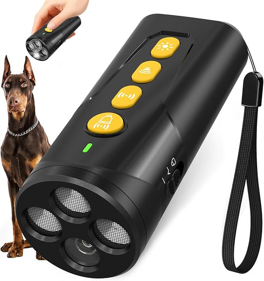 Dog Bark Deterrent Device, 3X Ultrasonic Anti Barking Device 6 Modes Dog Trainer Rechargeable & Portable Safe Bark Control Indoor Outdoor for All Dogs with LED Flashlight - Yellow Button