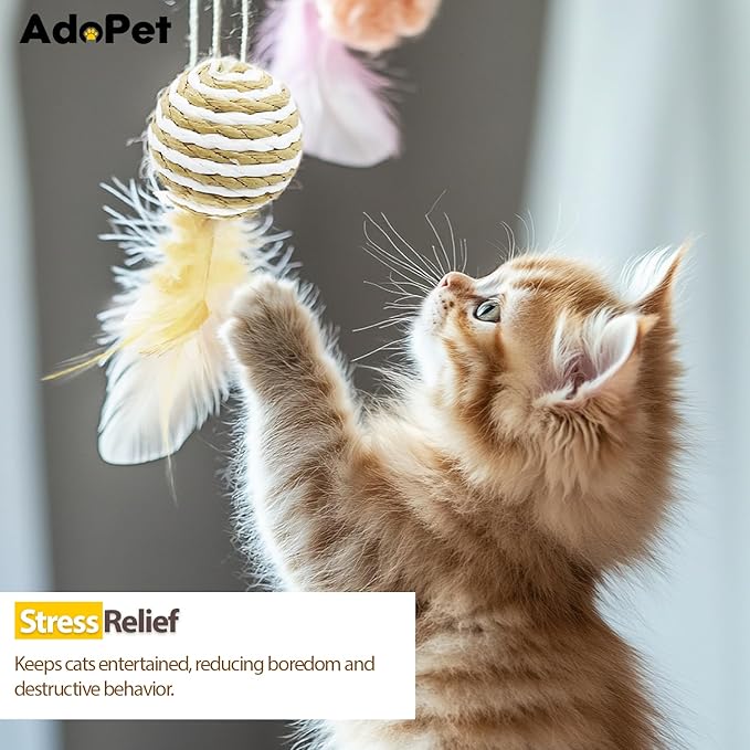 4PCS Cat Teaser Wand Toy Set – Wooden Handles with Sisal Rope Balls, Mouse & Feather Attachments, Interactive Play Wands with Bells for Indoor Cats