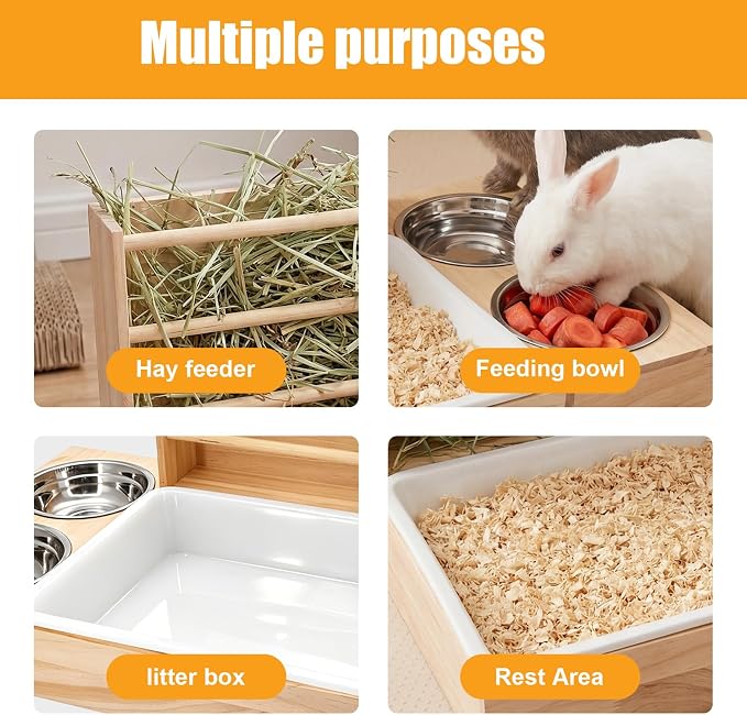 3-in-1 Rabbit Hay Feeder, Rabbit Litter Box with Hay Feeder and Bowls, Guinea Pig Hay Feeder, for Rabbits, Guinea Pigs, Small Animals