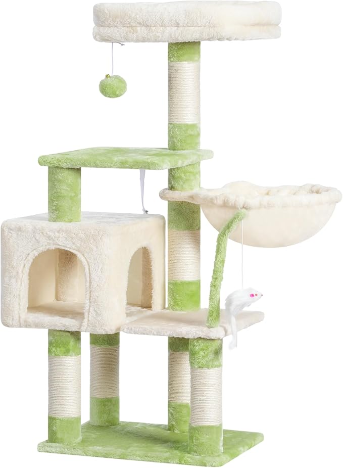 Heybly Cat Tree with Toy, 43.3 inch Cat Tower condo for Indoor Cats, Cat House with Padded Plush Perch, Cozy Hammock and Sisal Scratching Posts, Green and Beige HCT004SGM