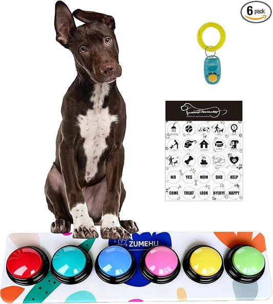 Dog Talking Buttons, 6 Colors Dog Buttons for Communication with Training Clicker & 25 Stickers, Recordable Buttons to Help Your Dog Talk, Pet Training Starter Set for Puppy, Cats and Dogs
