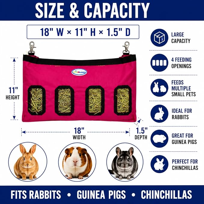 4-Opening Hay Bag for Rabbits, Guinea Pigs & Chinchillas, Hanging Hay Feeder, 18 x 11 x 1.5 in, 1000D Nylon, 6-Month Warranty (Green, 18" x 11" x 1.5")