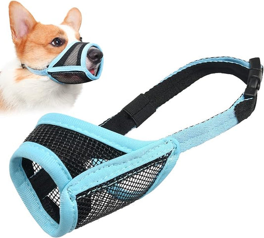 LUCKYPAW Dog Muzzle, Mesh Muzzle for Small Medium Dogs, Soft Mouth Cover to Prevent Biting Chewing, Drinkable Breathable Adjustable Puppy Mouth Guard(XS, Baby Blue)