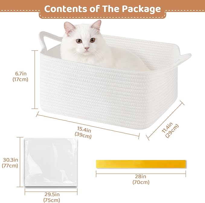 OIASKET Empty Gift Baskets for Baby Shower, 15.4"L x 11.4"W x 6.7"H Cute Woven Storage Basket with Gift Bags and Ribbons, Small Rope Toy Basket with Handles, Cat Dog Pet Toy Organizer - Small White