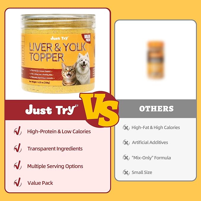 Just Try 4.23 OZ Cat & Dog Food Toppers with Chicken Liver Freeze Dried Egg Yolk for Picky Eaters Iron Support Grain Free High Protein Meal Toppers